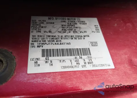 2004 Ford Expedition Eddie Bauer from USA, damaged, VIN 1FMPU17LX4LB41165